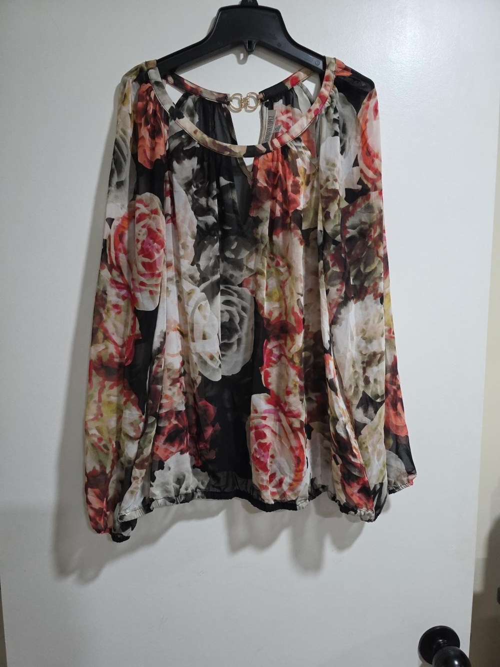 Jennifer Lopez JLO XL Floral Sheer Chiffon Blouse Gold Hardware